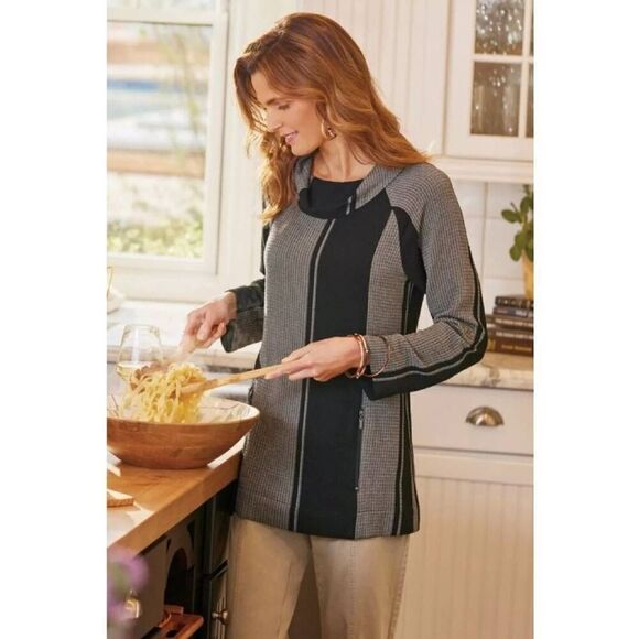 Soft Surroundings Tunic Top Womens Medium Waffle Knit Roll Tab Sleeve Cowl Neck - Picture 1 of 6